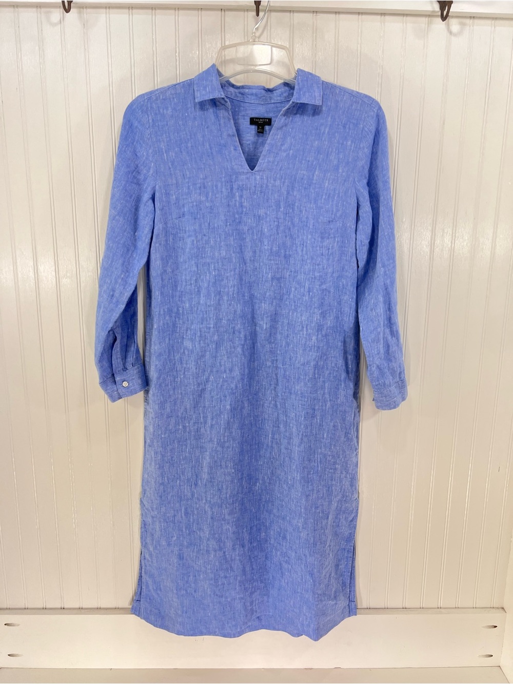 Talbots 100% Linen Coastal V-Neck Collared Long Sleeve Midi Shift Dress S Petite